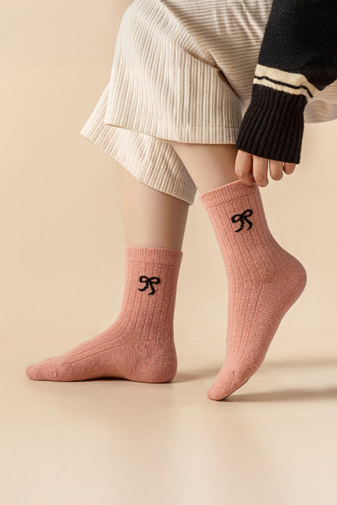 Ribbed Knit Wool Knee High Bow Accent Stockings