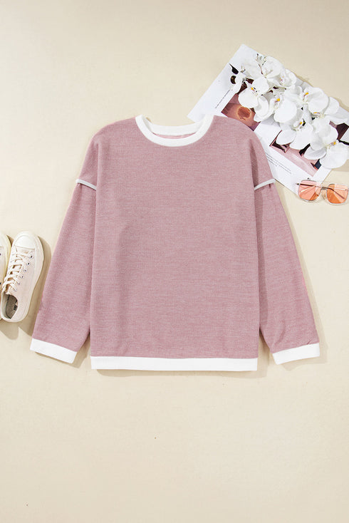 Ribbed Knitted Drop Shoulder Patchwork Long Sleeve Top
