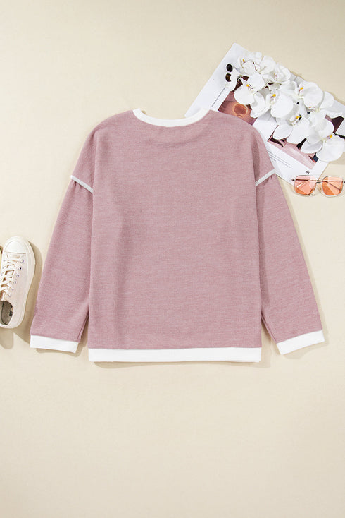 Ribbed Knitted Drop Shoulder Patchwork Long Sleeve Top