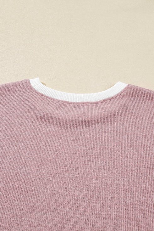 Ribbed Knitted Drop Shoulder Patchwork Long Sleeve Top