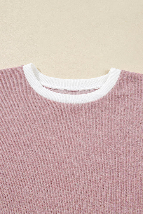 Ribbed Knitted Drop Shoulder Patchwork Long Sleeve Top