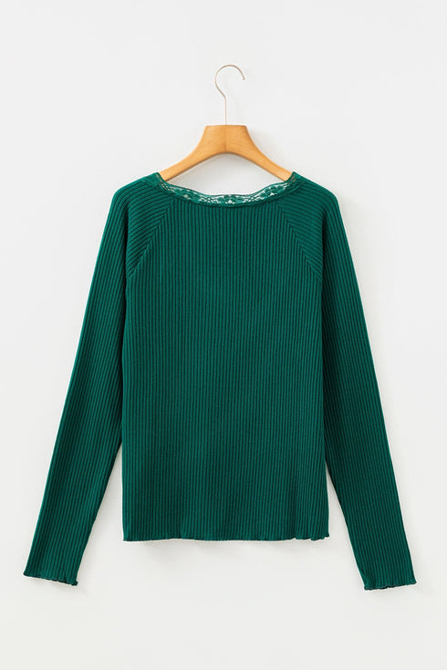 Ribbed Lace Neckline Button Accent Lettuce Edge Top
