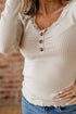 Ribbed Lace Neckline Button Accent Lettuce Edge Top