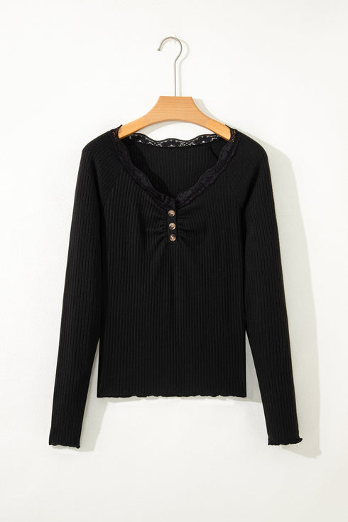 Ribbed Lace Neckline Button Accent Lettuce Edge Top