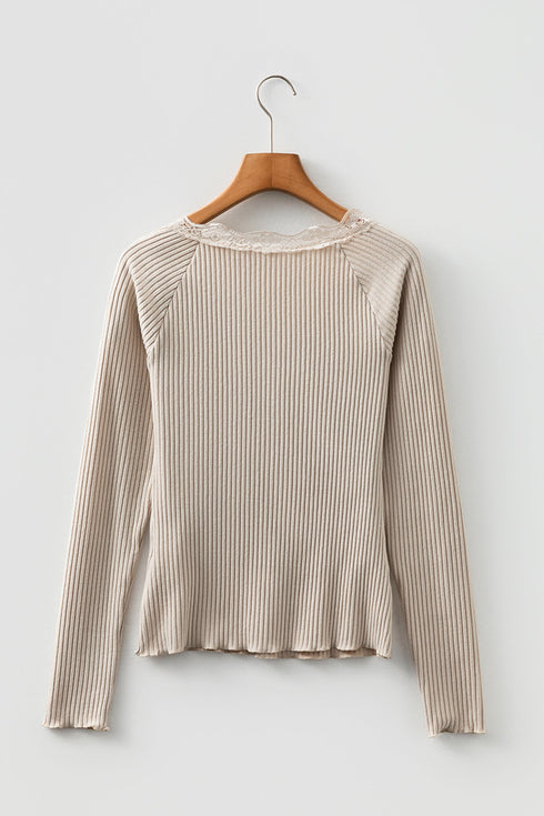 Ribbed Lace Neckline Button Accent Lettuce Edge Top