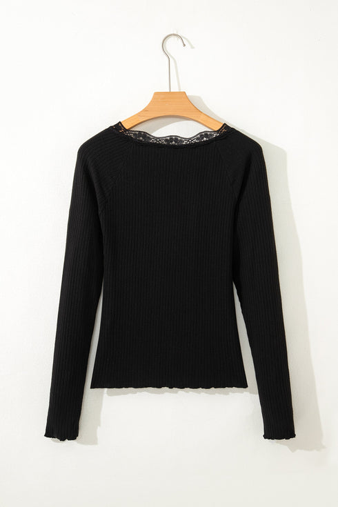 Ribbed Lace Neckline Button Accent Lettuce Edge Top