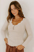 Ribbed Lace Neckline Button Accent Lettuce Edge Top