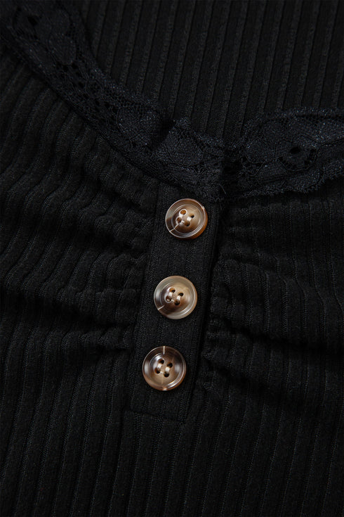 Ribbed Lace Neckline Button Accent Lettuce Edge Top