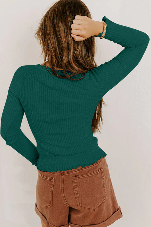 Ribbed Lace Neckline Button Accent Lettuce Edge Top