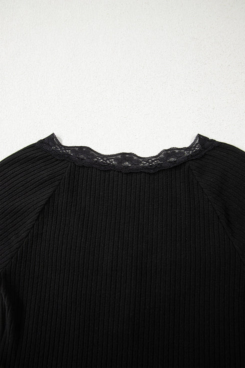 Ribbed Lace Neckline Button Accent Lettuce Edge Top