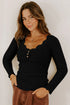 Ribbed Lace Neckline Button Accent Lettuce Edge Top