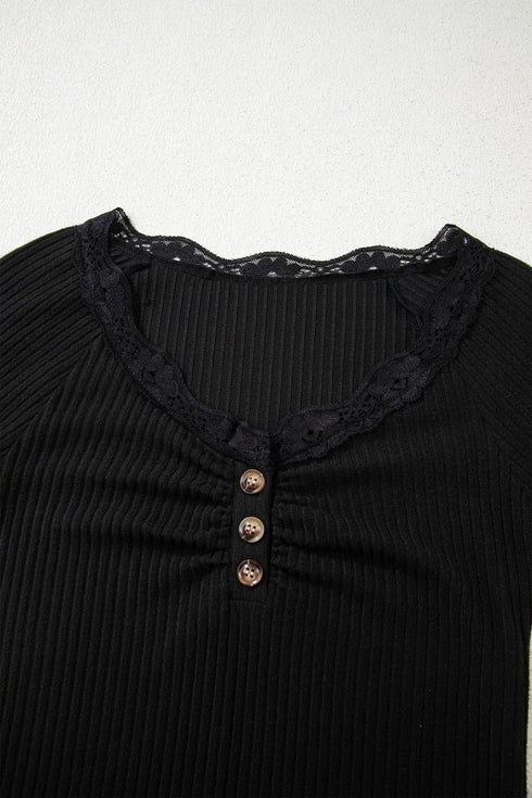 Ribbed Lace Neckline Button Accent Lettuce Edge Top