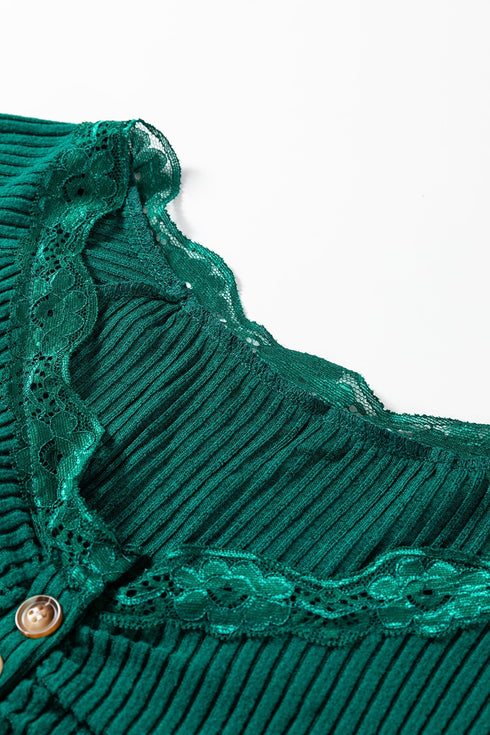 Ribbed Lace Neckline Button Accent Lettuce Edge Top
