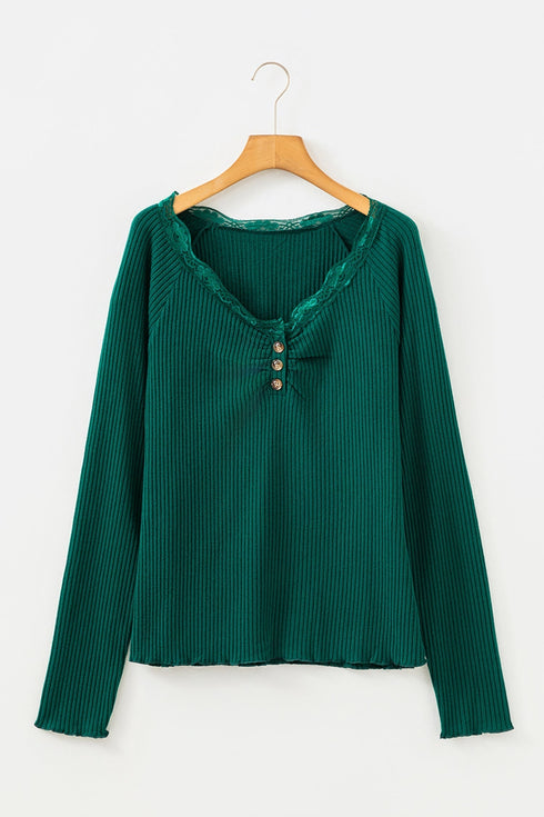 Ribbed Lace Neckline Button Accent Lettuce Edge Top