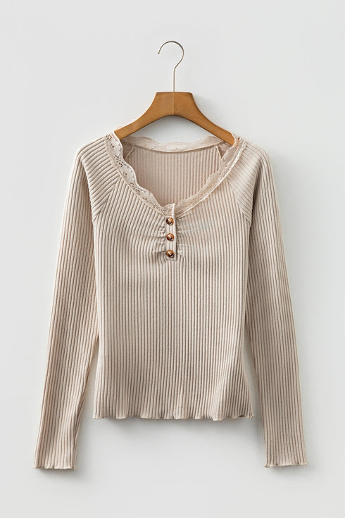 Ribbed Lace Neckline Button Accent Lettuce Edge Top