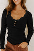 Ribbed Lace Neckline Button Accent Lettuce Edge Top