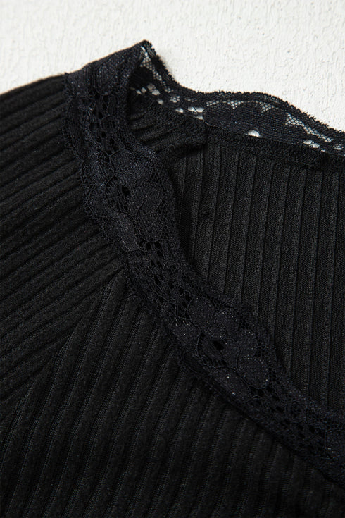 Ribbed Lace Neckline Button Accent Lettuce Edge Top