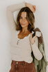 Ribbed Lace Neckline Button Accent Lettuce Edge Top