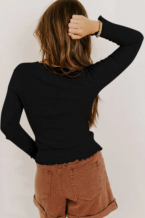 Ribbed Lace Neckline Button Accent Lettuce Edge Top