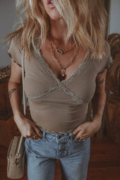 Ribbed Lace Spliced Criss Cross V Neck T Shirt
