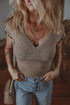Ribbed Lace Spliced Criss Cross V Neck T Shirt