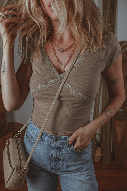 Ribbed Lace Spliced Criss Cross V Neck T Shirt