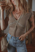 Ribbed Lace Spliced Criss Cross V Neck T Shirt
