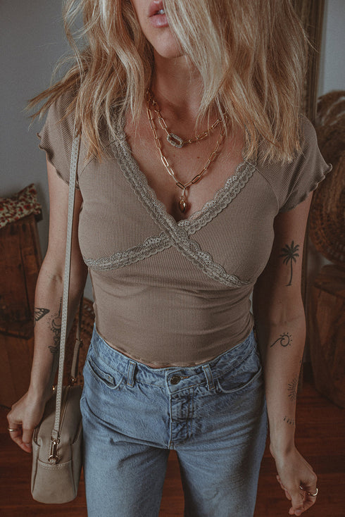 Ribbed Lace Spliced Criss Cross V Neck T Shirt