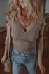 Ribbed Lace Spliced Criss Cross V Neck T Shirt