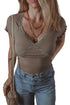 Ribbed Lace Spliced Criss Cross V Neck T Shirt