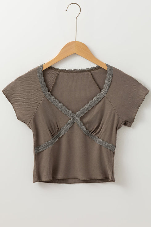 Ribbed Lace Spliced Criss Cross V Neck T Shirt