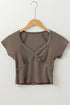 Ribbed Lace Spliced Criss Cross V Neck T Shirt