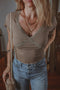 Ribbed Lace Spliced Criss Cross V Neck T Shirt