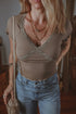Ribbed Lace Spliced Criss Cross V Neck T Shirt