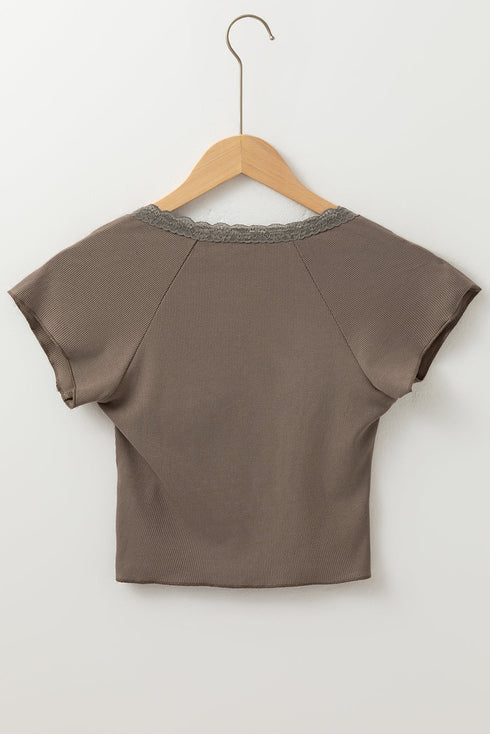 Ribbed Lace Spliced Criss Cross V Neck T Shirt