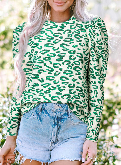 Ribbed Leopard Print Mock Neck Puff Sleeve Blouse