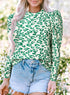 Ribbed Leopard Print Mock Neck Puff Sleeve Blouse