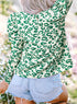 Ribbed Leopard Print Mock Neck Puff Sleeve Blouse