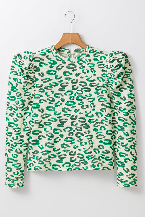 Ribbed Leopard Print Mock Neck Puff Sleeve Blouse
