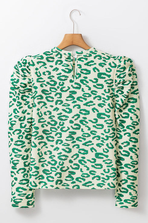 Ribbed Leopard Print Mock Neck Puff Sleeve Blouse