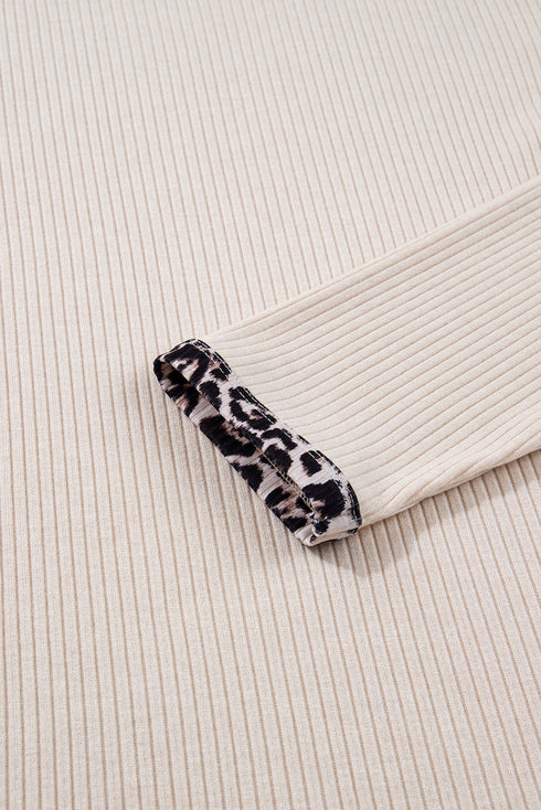 Ribbed Leopard Trim Round Neck Long Sleeve Top