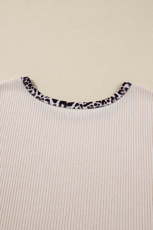 Ribbed Leopard Trim Round Neck Long Sleeve Top