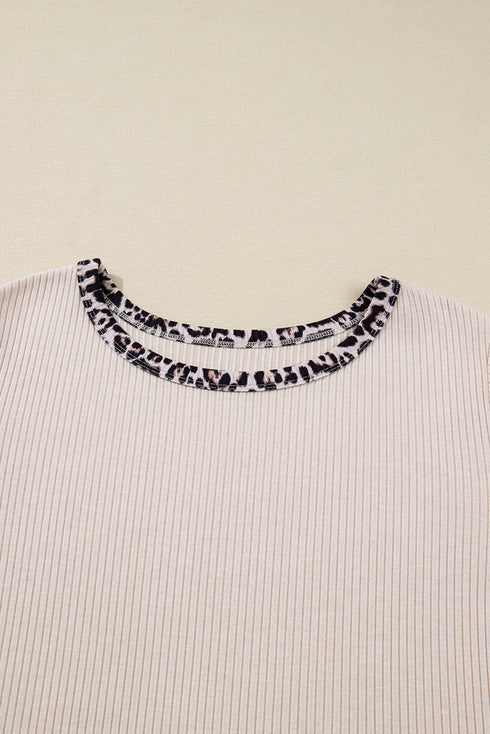 Ribbed Leopard Trim Round Neck Long Sleeve Top