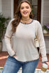 Ribbed Leopard Trim Round Neck Long Sleeve Top