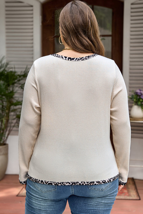 Ribbed Leopard Trim Round Neck Long Sleeve Top