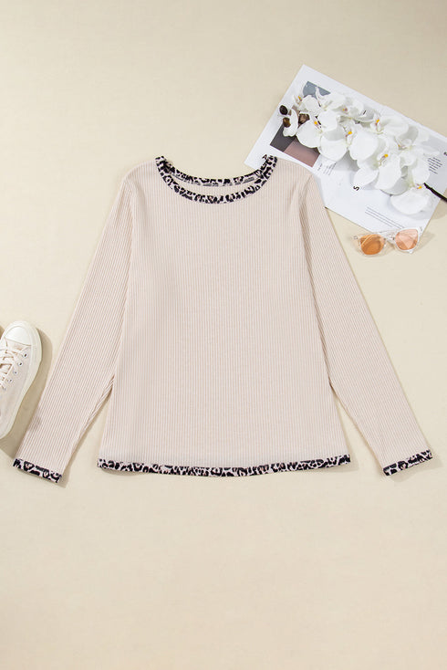 Ribbed Leopard Trim Round Neck Long Sleeve Top
