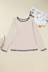 Ribbed Leopard Trim Round Neck Long Sleeve Top