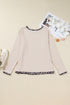 Ribbed Leopard Trim Round Neck Long Sleeve Top