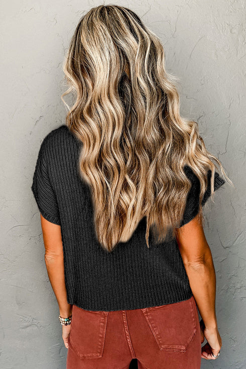 Ribbed Mock Neck Patch Pocket Drop Shoulder Short Sleeve Sweater