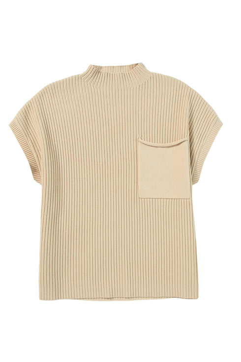 Ribbed Mock Neck Patch Pocket Drop Shoulder Short Sleeve Sweater